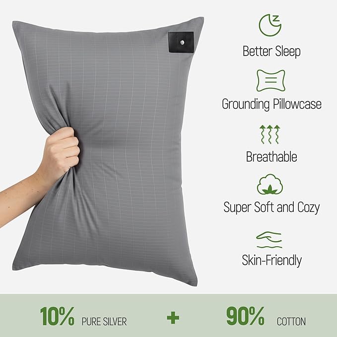 Groundingtop Pillowcase Upgraded 10% Silver Fiber Grounding Pillowcase, 90% Cotton Grounded Earth Bed Pillow Cover for Better Sleep Pain Relief Improve Energy, Queen 20x30 Inch, Gray 1PC
