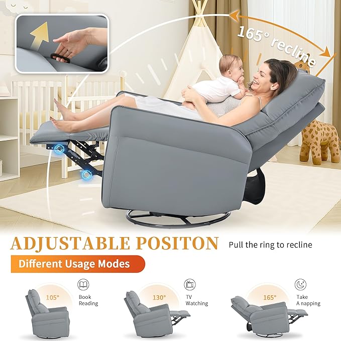 QKFF Glider Chair for Nursery, 360° Swivel Rocker Recliner with Side Pocket, Leather Manual Rocking Chair for Living Room, Bedroom, Small Spaces