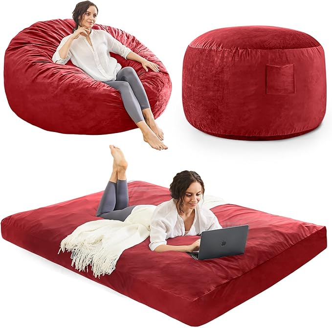 Bean Bag Chairs for Adults - Giant Bean Bag Chair Convertible Bean Bag Bed - Beanbag Chair with Micro Fiber Cover/Furniture Foam Filler - Floor Couch Sofa in Bedroom Dorm Room - Queen Red