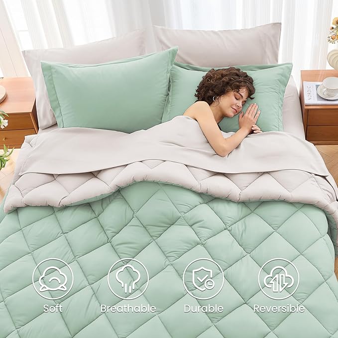 MUXHOMO 7 Pieces Queen Comforter Set, Reversible Bed in a Bag Queen Size, All Season Bedding Set with Comforter, Flat Sheet, Fitted Sheet, Pillowcases & Shams, Sage Green & Beige