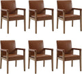 DM Furniture Mid Century Modern Dining Chairs Set of 6 Faux Leather Upholstered Accent Chairs Comfy Kitchen Chairs with Solid Wood Frame Armchair for Living Room, Brown