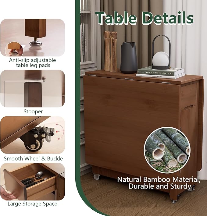 Bamboo Folding Dining Table Set for 4, Extendable Drop Leaf Foldable Table with Lockable Wheels & Storage for Small Spaces Kitchen Dining Room, Collapsible Dinette Expandable Rectangle (Brown)