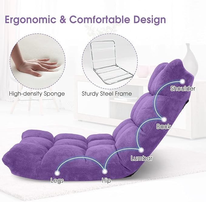 Floor Chair with Back Support, Foldling Gaming Sofa Chair with Comfy Cushion, Adjustable 14-Position Meditation Chairs, Lazy Lounge Recliner Reading Seat for Adults, Kids (Purple)