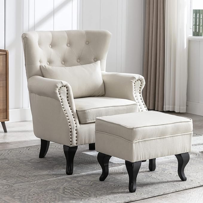 Janoray Mid Century Modern Accent Chair Upholstered Armchair Comfy Linen Fabric Tufted Wingback Single Sofa with Ottoman for Bedroom Living Room, Beige