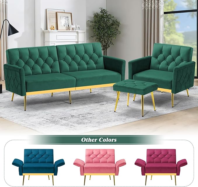ACMEASE Velvet Accent Chair w/Adjustable Armrests and Backrests, Tufted Single Armchair w/Ottoman, Upholstered Reading Chiar for Living Room, Apartment, Bedroom, Green