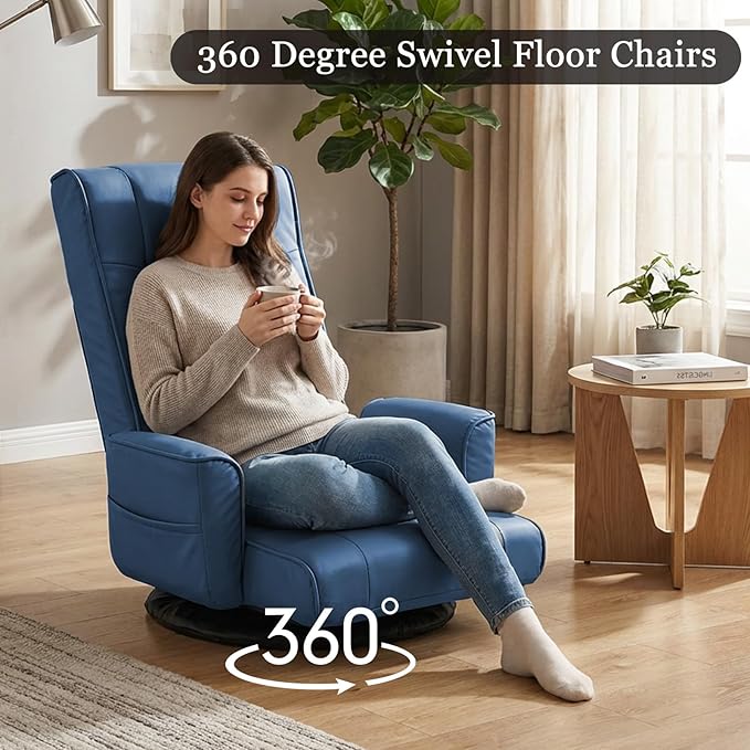 FLOGUOR 360° Swivel Gaming Floor Chair with Armrests – 14-Position Adjustable Folding Floor Sofa Lounger, Padded Backrest, Multi-Angle Recline for Home, Living Room & Office (Blue)
