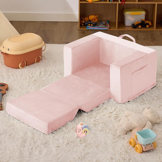 Kids Couch, 2-in-1 Toddler Chair Comfy 1-3 Years, Convertible Kids Chair, Toddler Couch That Fold Out, Kid Lounge Chairs for Boys and Girls, Soft Coral Fleece, Single, Pink