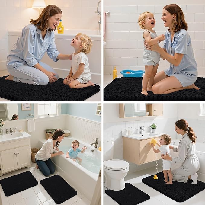 Arotive Bathroom Rugs 47x24, Extra Soft Absorbent Shaggy Chenille Bath Rugs, Machine Washable Rubber Backing Non-Slip Bath Mats for Bathroom Floor Tub and Shower, Home Decor Accessories, Black