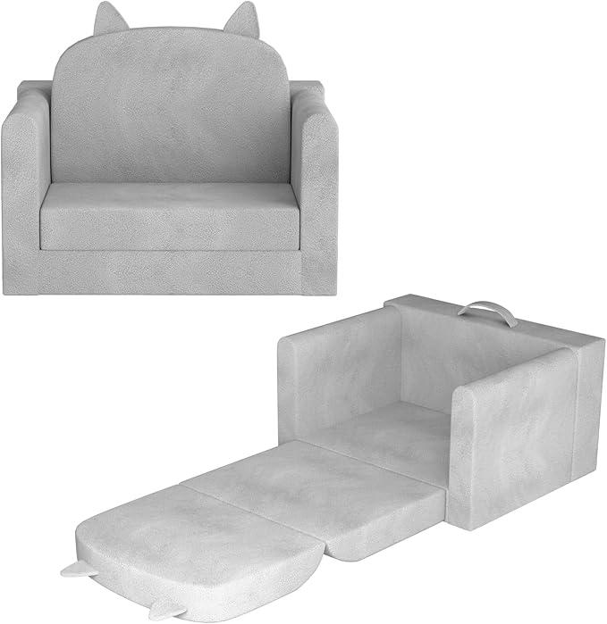 ORWIPO Kids Sofa Bed with Removable Washable Cover & Backrest – Foldable Toddler Chair, Cozy Crystal Velvet Furniture for Playtime, Naps & Travel (Gray, Bear Design)