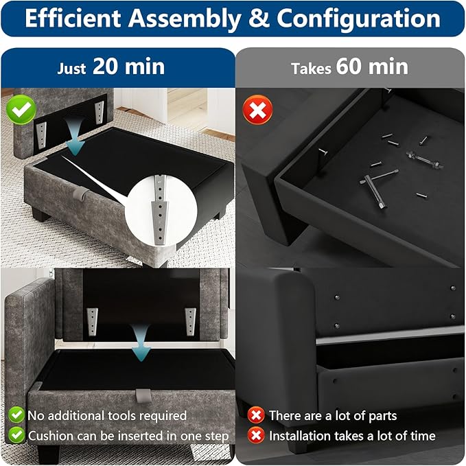 Modular Sectional U Shaped Sofa Couches with Storage Ottoman, Cloud Couch for Living Room, Comfy Sofa with Pillow, Dark Black
