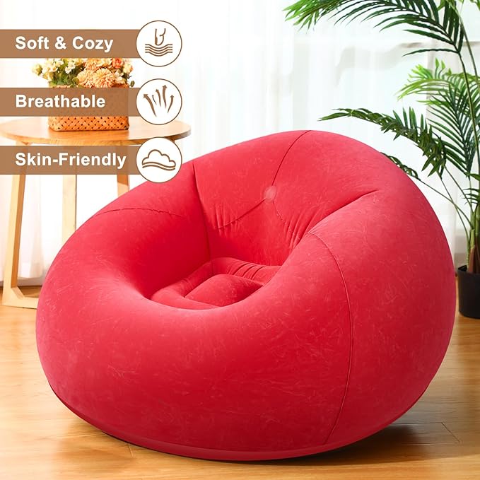 Realspring 9 Pcs Inflatable Bean Bag Chairs for Adults with Electric Air Pump, Blow up Couch Folding Portable Inflatable Couch Lazy Sofa for Outdoor Movie Nights Camping Room (Red)