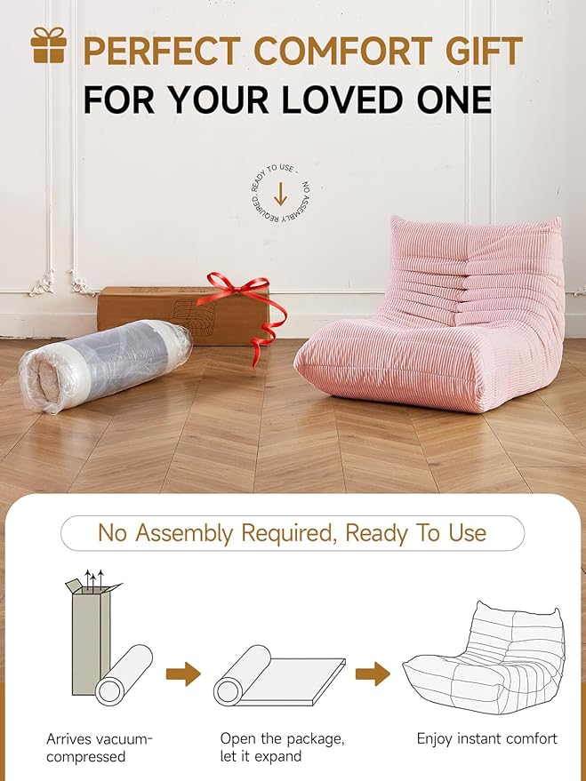 ZCUBED Large Bean Bag Chairs for Adults, Memory Foam Lounge Chair, Soft Corduroy Big Bean Bag Chair Lazy Sofa, Comfy Floor Beanbag Chair Single Sofa for Bedroom Living Room Fireside Book Nook, Pink