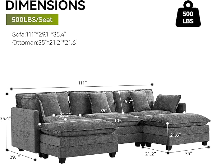 UMBFUN 3-Seater Cloud Couch with 2 Ottomans, Oversized Modular Sectional U Shaped Sofa with Deep Seat Cushions, Comfy Chenille Couch for Living Room, Grey