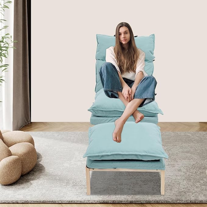 Single Lazy Leisure Chair, Adjustable Recliner Balcony Reclining Japanese Tatami Chair with Ottoman, Floor Seating Lounge Chair with Backrest and Footrest, Upholstered Chair for Living Bedroom (Green)