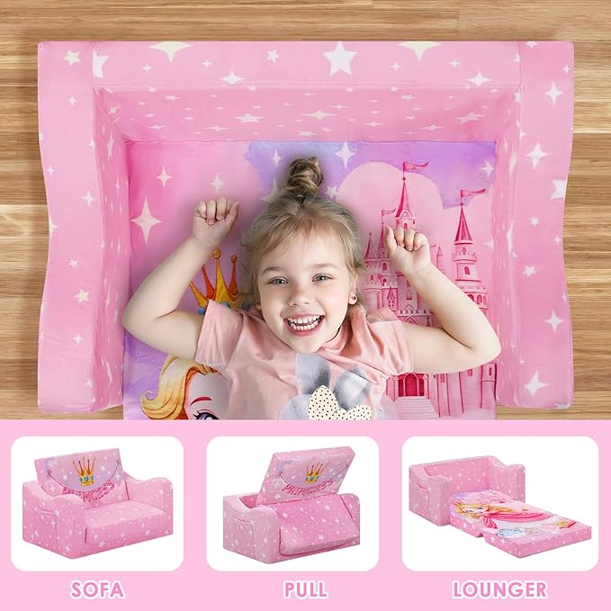 alldomess Comfy Kids Couch, 2-in-1 Folding Kids Sofa Bed for Toddler Girls, Convertible Sofa to Lounger Toddler Couch Chair for Baby Bedroom Playroom Nursery,Princess