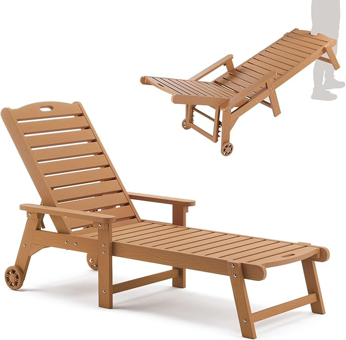 LUE BONA Outdoor Chaise Lounge, HDPS Chaise Lounger, 5 Positions Adjustable Lounge Chairs, Pool Lounge Chair with Wheels for Poolside, Backyard, Teak Color