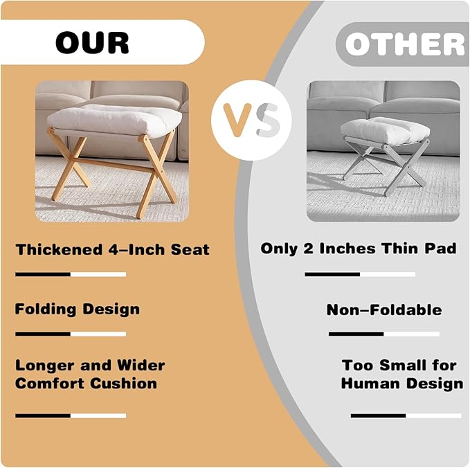 Ottoman Foot Rest- Bamboo Foldable Stool, Foot Stools Small Ottman with Upholstered & X Legs, Folding Stool for Makeup, Bedroom and Living Room (Large Beige)
