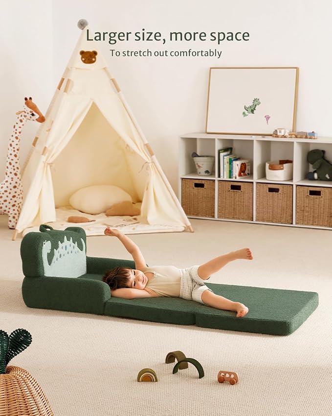 Blissful Diary Kids Couch, 2-in-1 Soft Toddler Couch Fold Out, Toddler Chair Comfy, Convertible Sofa to Lounger, Kids Furniture for Playroom, Gift for Birthday, Children's Day, Green Dinosaur