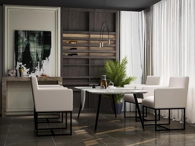 BESTANO Linen Upholstered Dining Chairs with Arms Set of 4 Mid Century Modern Accent Chairs Armchairs with Black Metal Frame, Modern Kitchen & Dining Room Chairs, Cream