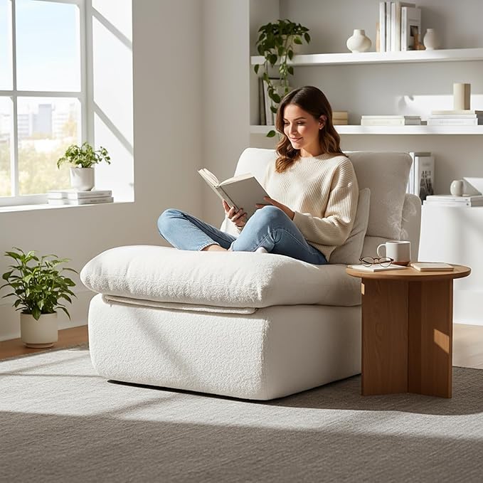 Boneless Single Sofa – 32” Teddy Plush Frameless Lounge Chair with High-Density Foam Support – No Assembly, Cloud Couch for Living Room, Bedroom, & Apartment (White)