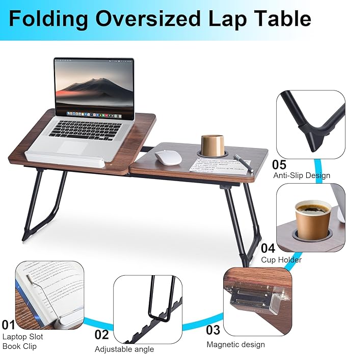 28.6" Foldable & Adjustable Laptop Bed Tray Table - Extra Large Portable Lap Desk with Phone Holder & Cup Holder, Lightweight & Sturdy for Working, Eating, Reading, Writing in Bed, Couch, Floor