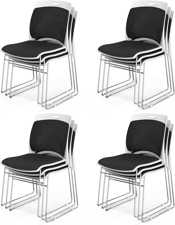 VINGLI Stackable Chairs Set of 12 Stacking Office Chairs with Metal Sled Base, Ergonomic Plastic Padded Seat & Back, Capacity 350lbs, Stacking Chairs for Waiting Room Break Room Banquet Guest, Black