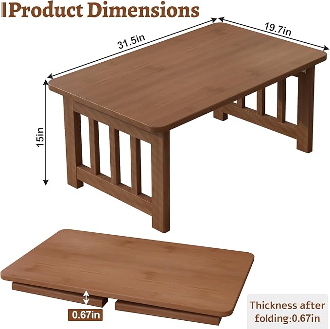 JNNXZZ Japanese Folding Coffee Table,Foldable Low Table for Sitting,Bamboo Collapsible Floor Tea Table,Portable Versatile Meditation Table for Tatami Living Room Home Office Apartment (Brown)