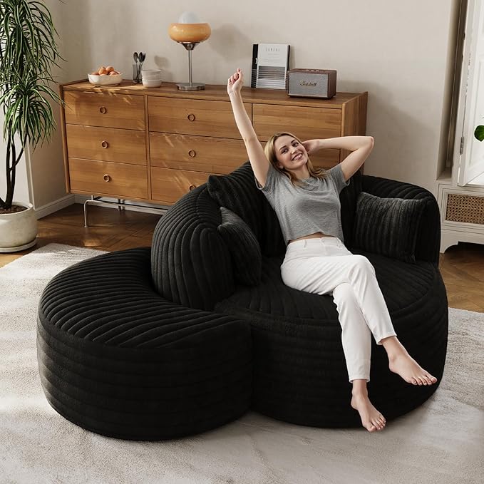 50" W Oversized Round Chaise Lounge Chair with Ottoman Indoor Boneless Plush Fluffy Corduroy Circle Couch Soft Comfy Cozy Cloud Reading Chair for Living Room, Playroom, Bedroom - Black