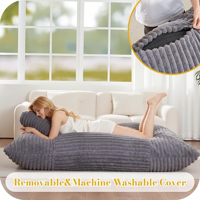 5 in 1 Bean Bag Chair with A Roll Pillow,Giant Bean Bag Chairs for Adults,Ultra Soft & Machine Washable Cover,Convertible Sofa Bed Floor Couch Lounger for Living Room,Bedroom