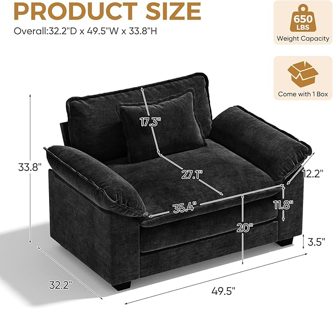 HUSFU Chenille Oversized Accent Chair, Cloud Sofa Chair with Deep Seat and Extra Wide Armrests, Comfy Reading Armchair for Bedroom, Living Room, Black