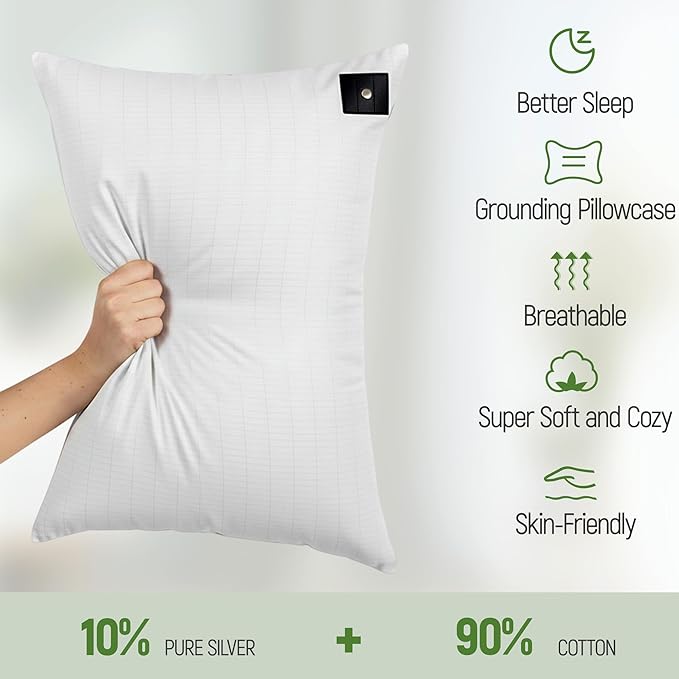 Groundingtop Grounding Pillowcase King with 10% Silver Fiber+90% Cotton Conductive Grounding Pillow Case 20x36in Silver Fiber Grounding Sheet Improve Sleep Anxiety Relief White 1pc