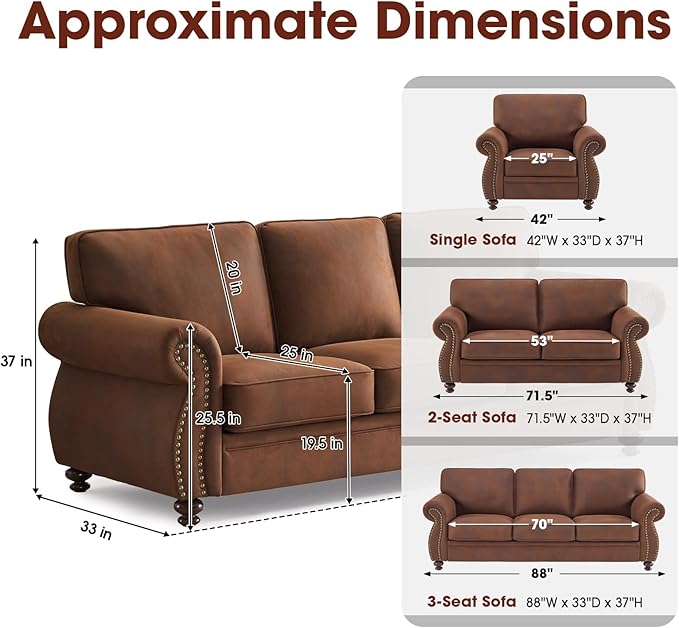 Couchus Living Room Furniture Sets,Sofa Sets and Couch Sets for Living Room,Mid-Century Vintage Sofa Couches with Rivet Design (Caramel, Loveseat+3 Seater)