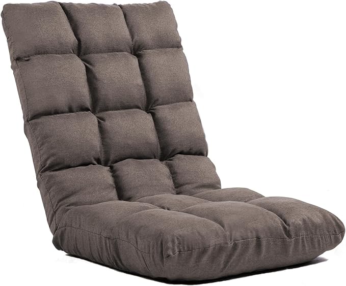 Folding Floor Gaming Chair with Back Support, 14-Position Adjustable Recliner - Padded Cushion with Breathable Linen & Cotton Blend for Adults & Kids, Perfect for Gaming, Reading & Meditation (Brown)