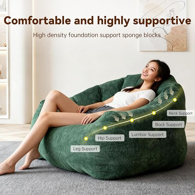 Giant Bean Bag Chair for Adults and Kids Oversized Faux Fur Shell-Shaped BonelessBeanBag Couch Filler with Memory FoamStuffed Big Accent Sofa for Living Room, Bedroom & Dorm (Green)