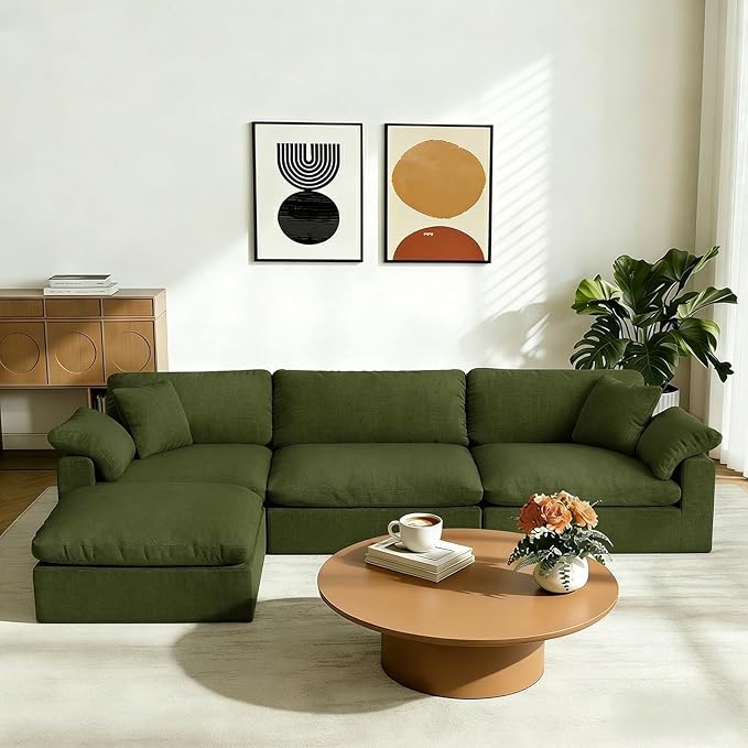 Forest aesthetics Modular Sectional Sofa Cloud Couch,Down Filled Comfy Cloud Modern Sofa,Green Linen L Shape Oversized Couch Cushion Covers Removable Furniture for Living Room