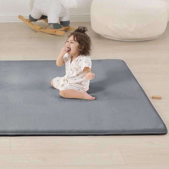 PaPaMat 1.3" Thick Baby Bedside Floor Mat for Bedroom, Basic Padded Foam Soft Plush 28x72 Runner Rug with Non Slip Cushioned for Nursery Playroom (Dark Grey)