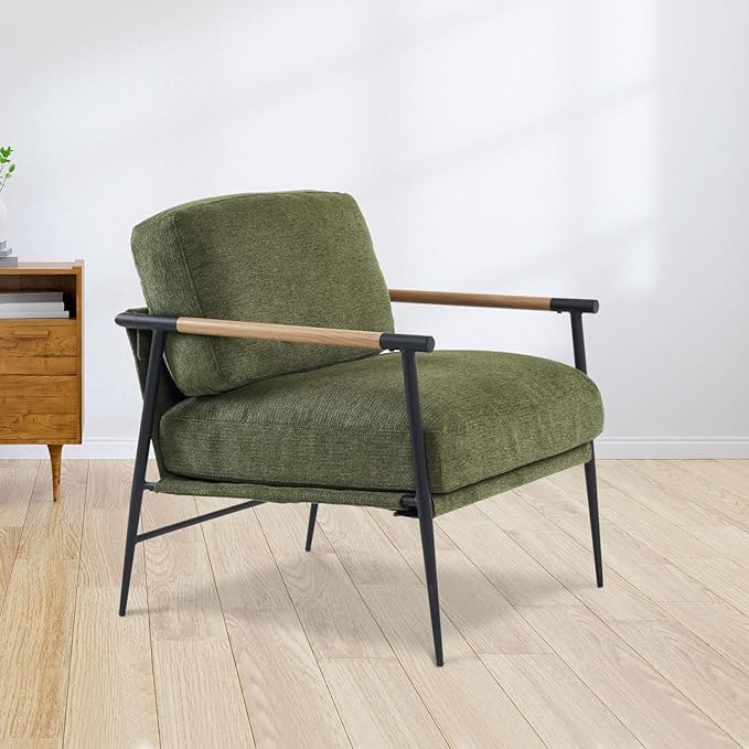 Accent Chair Mid Century Modern Armchair for Living Room,Bedroom,Office,Lounge Comfy Chenille Upholstered Soft Removable Washable Cushions and Pillows,Metal Wood-Grain Armrest Legs,Green