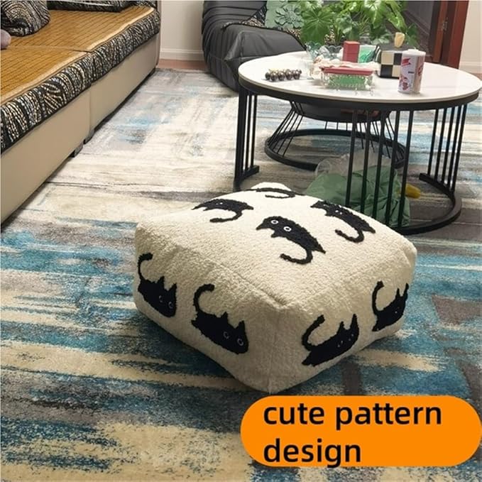 Cute Pouf Ottoman, Square Floor Cushion, Comfortable Meditation Pillow, Plush Cat Seat Cushion, Fashionable Footrest for Couch, Living Room and Bedroom