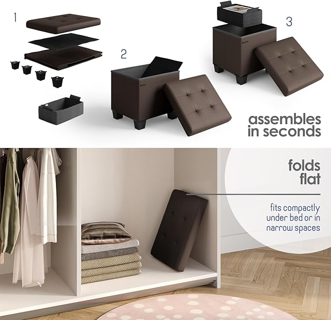 Storage Ottoman Cube with Small Bin, 16-in Square Ottoman with Storage for Living Room and Bedroom, Small Ottomans Foot Rest, Faux Leather Foot Stools Ottomans Max 330lbs, Brown