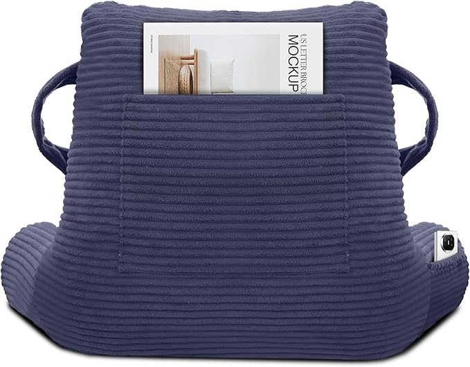 ABROLOY Reading Pillow for Sitting in Bed Adult, Bed Reading Pillow with Shredded Memory Foam, Back Pillow for Sitting with Arms and Pockets, Deepblue