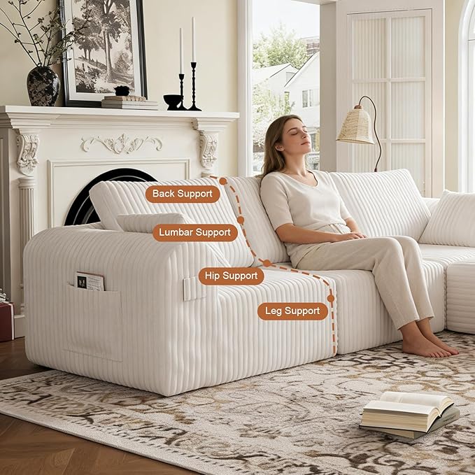 106" Modular Sectional Sofa, Boneless Couches for Living Room, L-Shape Sofa Couches,Cloud Couch Sectional, Comfy Corduroy Sofa, with Deep Seat, No Assembly Required (Beige, 3 Seater + 1 Ottoman)