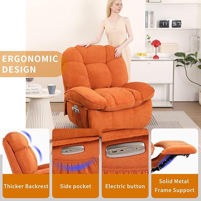 EDWELL Massage Swivel Recliner Chair, Oversized Rocker Recliner with Heated, Vibration Massage and Lumbar Heat Ergonomic Rocker Chair for Adults with Side Pocket, USB Charge Port, Orange