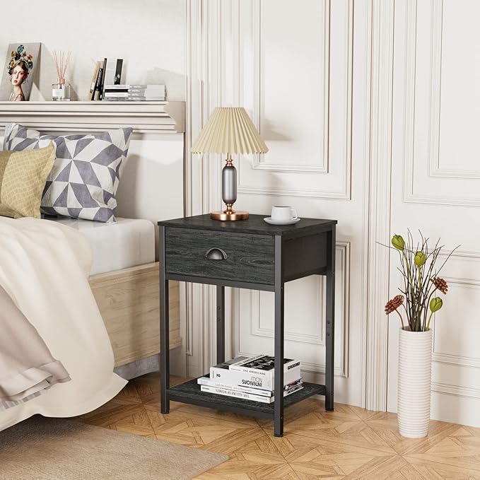 Furologee Nightstand with Fabric Drawer & Storage Shelf, Small Side Table for Small Space, 2 Tiers Industrial End Table for Living Room, Bedroom, Black Oak