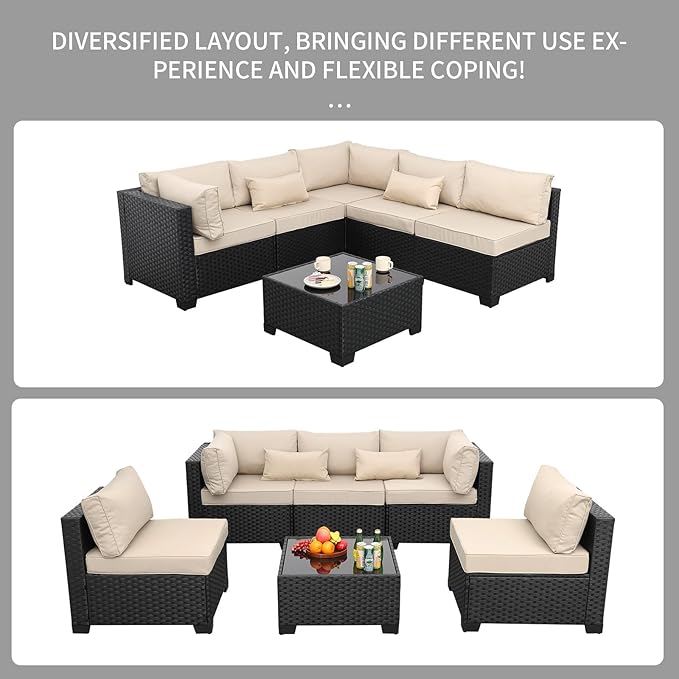 Patio Sectional 6 Pieces All-Weather Wicker Patio Furniture Set Outdoor Sectional with Glass Patio Table Non-Slip Cushions and Waterproof Covers, Khaki