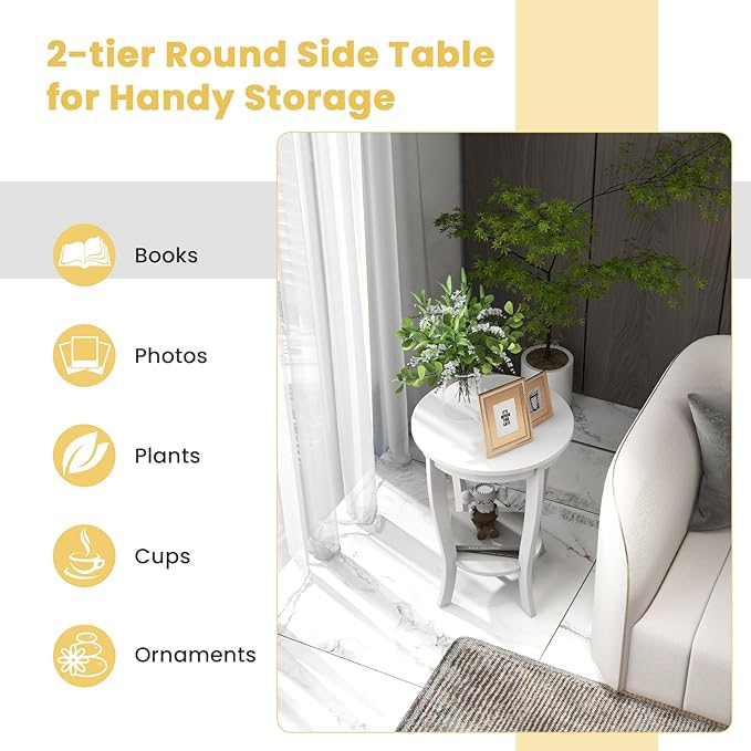 GOFLAME 2-Tier Round End Table Set of 2, 18” Sofa Side Table with Storage Shelf, Floor Tea Table with Solid Wood Legs, Compact Nightstand for Small Space, Living Room, Bedroom, White