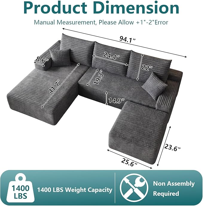 95" U-Shape Cloud Couch, Modern Modular Sectional L-Shape Sofa with Ottoman, Corduroy Upholstered Couches Deep Seat Sleeper Chaise Longue for Living Room, No Assembly Required(Dark Gray, Left Facing)