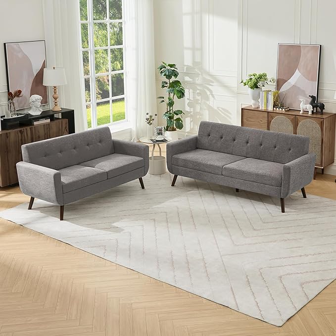 Tbfit Mid Century Modern Sofa Couch, Gray, Loveseat & Standard Sofa | linen fabric, button tufted, solid wood foot, pocket spring, wood slats frame