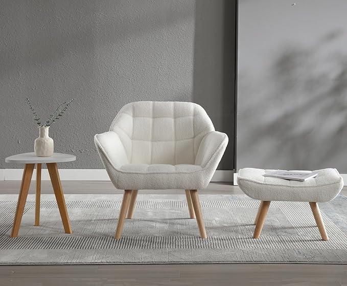 ZH4YOU Sherpa Accent Reading Chair with Ottoman, Modern Fuzzy Chair with Ottoman Upholstered Armchair with Wood Legs Comfy Lounge Chair for Small Spaces Living Room Bedroom Book Nook, White