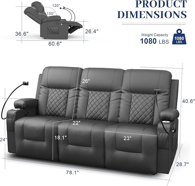 FURNIMAT Recliner Sofa, 3 Seats Dual Reclining Sofa, PU Leather Loveseat Couch, Modern Recliner Chair for Living Room, with Cup Holder and 2 Cell Phone Holder, USB Ports, Gray