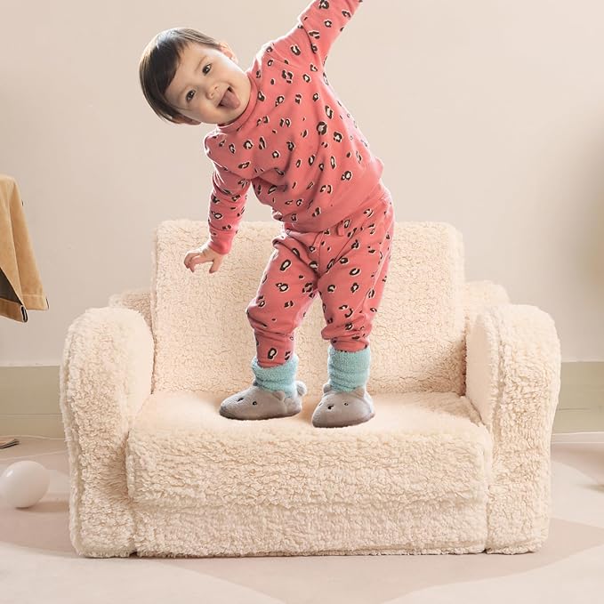 Kids Sofa, 2-in-1 Flip-Out Foam Couch with Soft Sherpa Cover, Cozy Play Lounge Chair, Cream